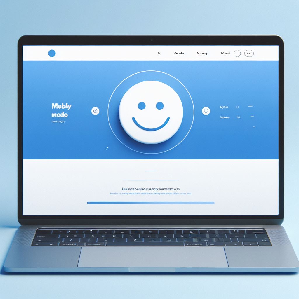 Laptop mit einer Benutzeroberfläche, die einen lächelnden Smiley und Einstellungen im Mobly-Modus zeigt.