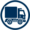 Grafisches Symbol eines Lastwagens in blauer Umrandung, dargestellt in einem minimalistischen Stil.