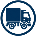 Grafisches Symbol eines Lastwagens in blauer Umrandung, dargestellt in einem minimalistischen Stil.
