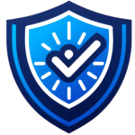 Grafik eines blauen Schildes mit einem Häkchen-Symbol in der Mitte und Strahlen im Hintergrund.