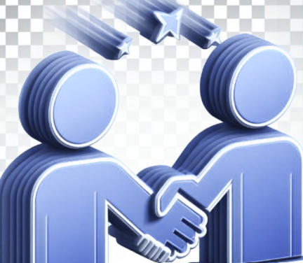 Zwei blaue stilisierte Figuren, die sich die Hände schütteln, mit Sternen über ihnen.