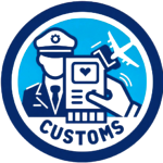 Grafik eines Zollbeamten, der einen Reisepass und ein Flugzeug-Symbol hält.