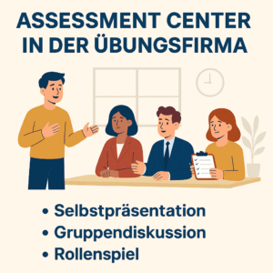 Illustration eines Assessment Centers mit drei Personen, die an einem Tisch sitzen und einem Präsentierenden zuhören.