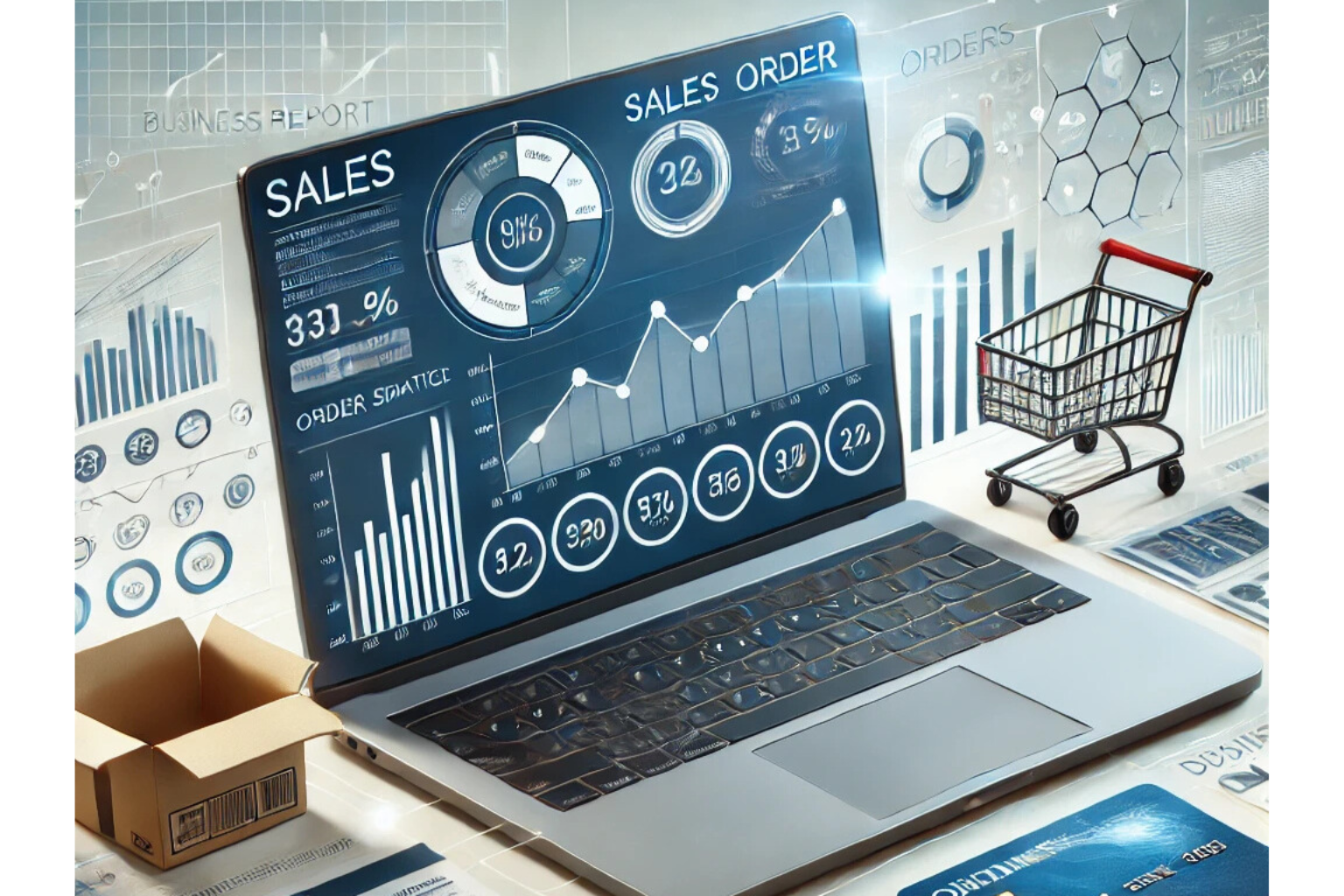 Laptop mit Verkaufsstatistiken und Diagrammen auf dem Bildschirm, umgeben von Grafiken und einem Einkaufswagen.