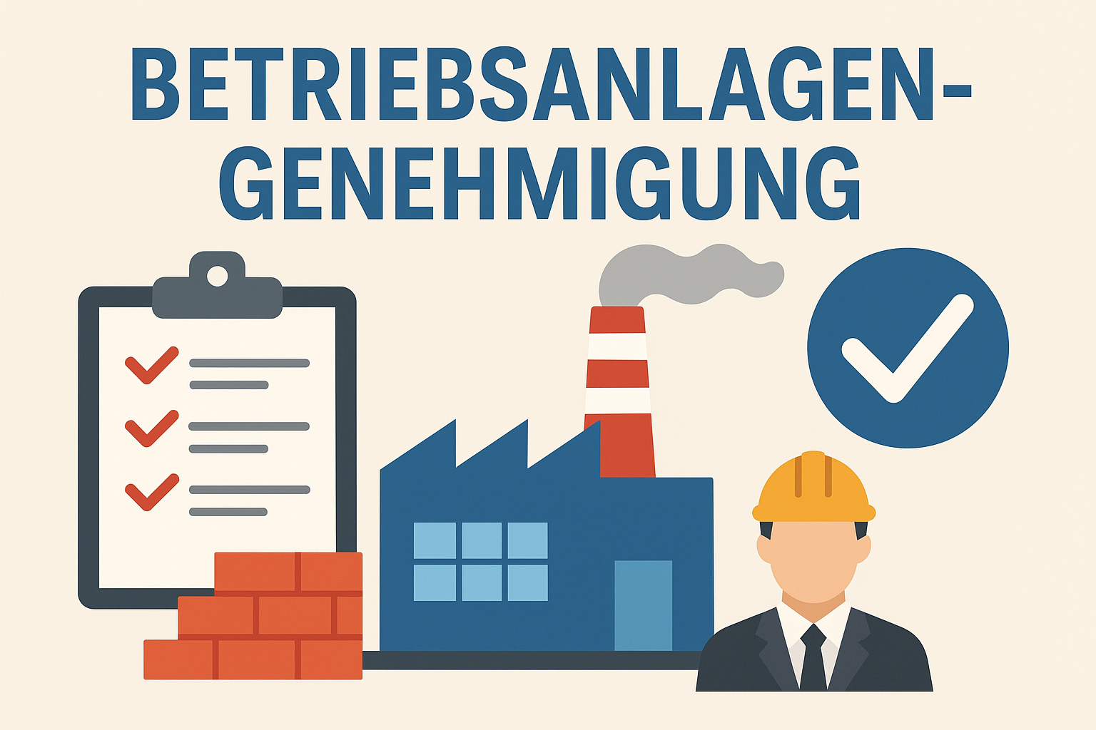 Illustration einer Betriebsanlagengenehmigung mit Fabrik, Checkliste und Symbol für Genehmigung.