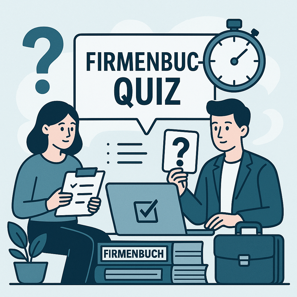 Illustration von zwei Personen, die an einem Firmenbuch-Quiz mit Fragen und einem Laptop arbeiten.
