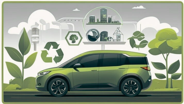 Grünes Elektrofahrzeug mit Symbolen für Nachhaltigkeit und Umweltfreundlichkeit im Hintergrund.
