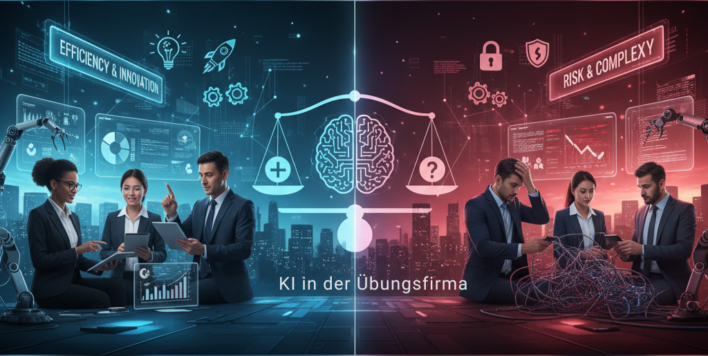 Grafik, die zwei Gruppen von Menschen zeigt, die mit Technologie und Daten in einer Übungsfirma arbeiten.