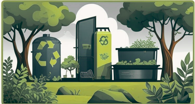 Illustration von Recyclingbehältern und Pflanzen in einer grünen Umgebung.