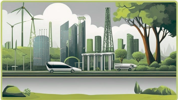 Grafik einer nachhaltigen Stadt mit Windkraftanlagen, modernen Gebäuden und Fahrzeugen.