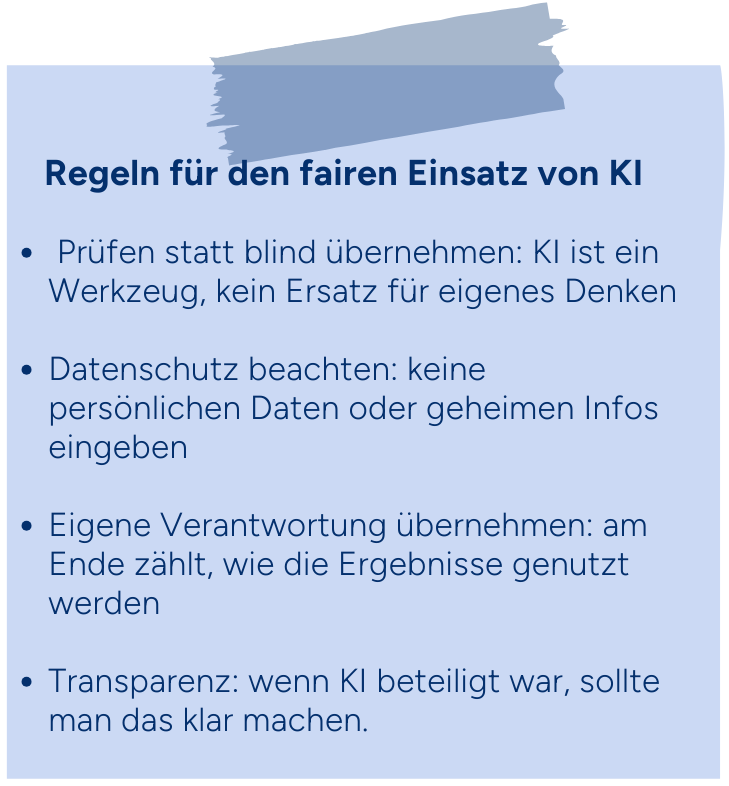 Text mit Regeln für den fairen Einsatz von Künstlicher Intelligenz auf einem blauen Hintergrund.