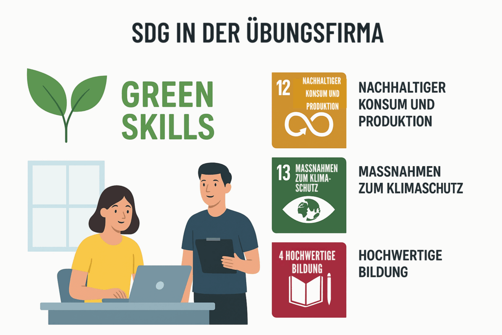 Grafik mit den SDG 12, 13 und 4 sowie dem Begriff Green Skills und einer Person am Computer.