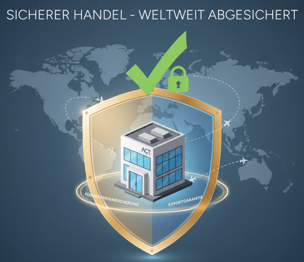 Grafik mit einem Gebäude in einem Schild, das sicheren Handel symbolisiert, umgeben von einer Weltkarte.