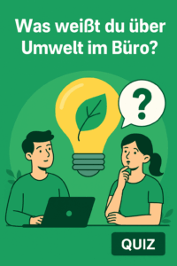 Zwei Personen sitzen an einem Tisch mit einem Laptop und einer Glühbirne mit einem Blatt im Inneren.