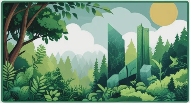 Grafische Darstellung einer grünen Landschaft mit Bäumen, Pflanzen und geometrischen Strukturen.