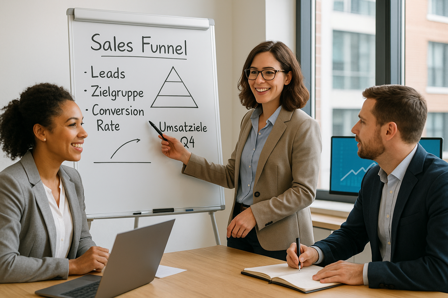 Frau präsentiert ein Diagramm zum Verkaufstrichter während eines Meetings im Büro.