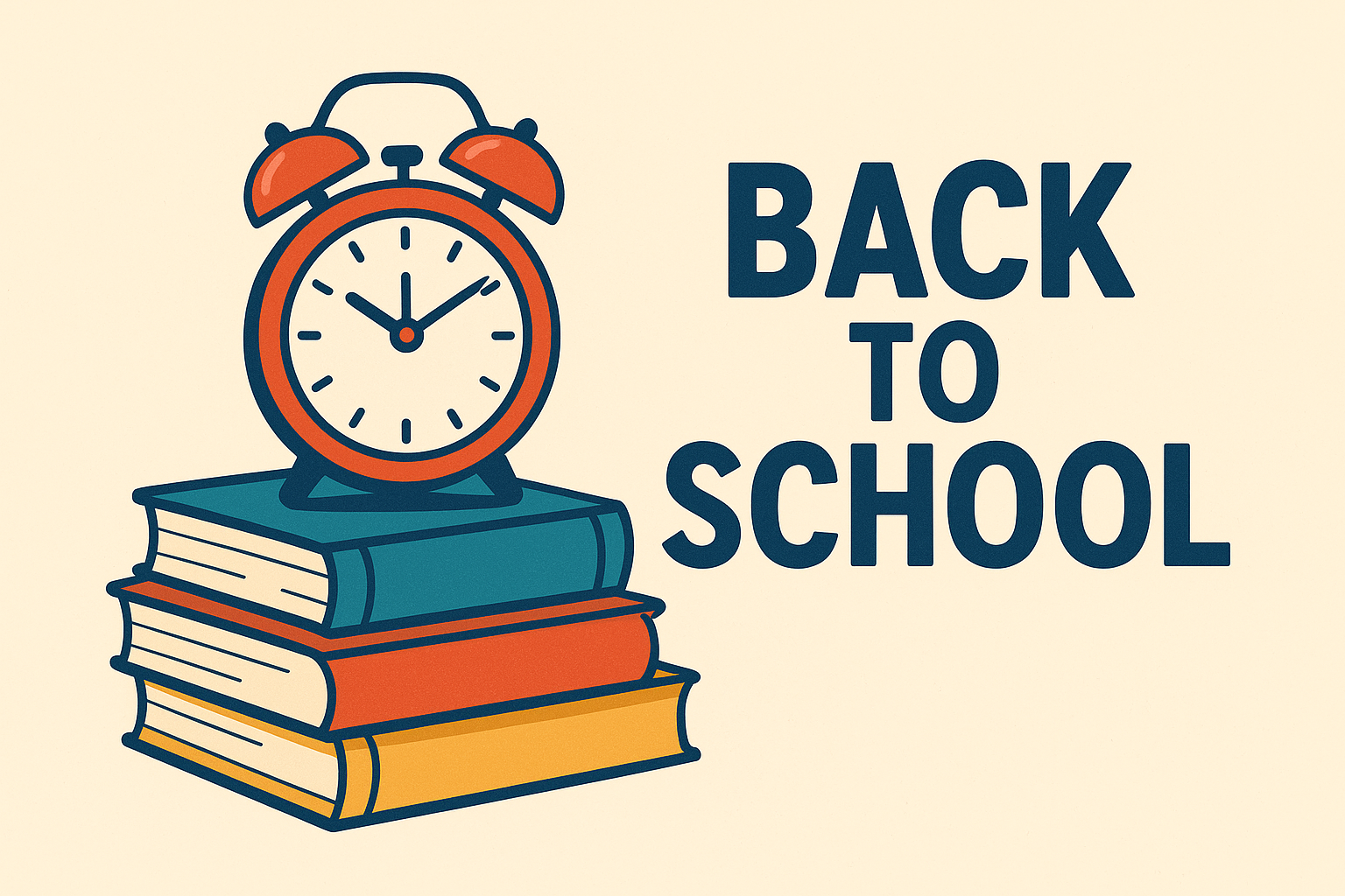 Ein Wecker auf einem Stapel Bücher mit der Aufschrift 'Back to School' in großen Buchstaben.