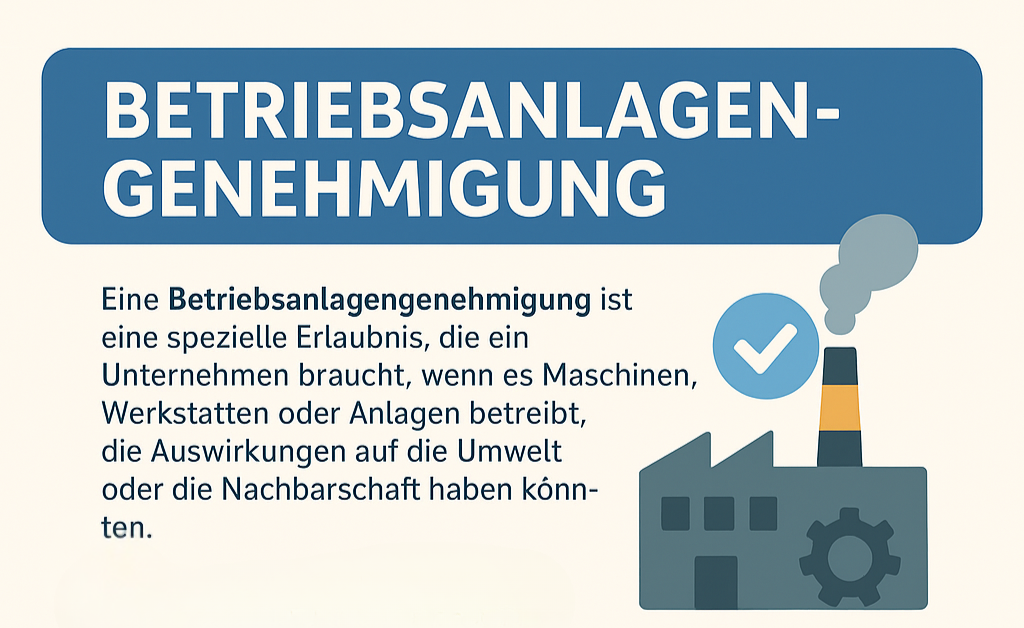 Grafik zur Betriebsanlagengenehmigung mit einem Fabrikgebäude und einem Schornstein.