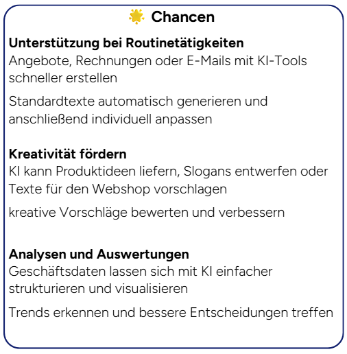 Grafik mit Texten zu Chancen der KI in Routineaufgaben, Kreativität und Analysen.