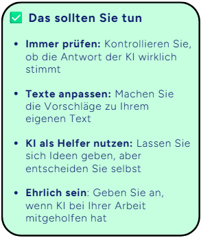 Textanleitung mit Tipps zur Nutzung von KI in der Textverarbeitung, einschließlich Überprüfung und Anpassung.