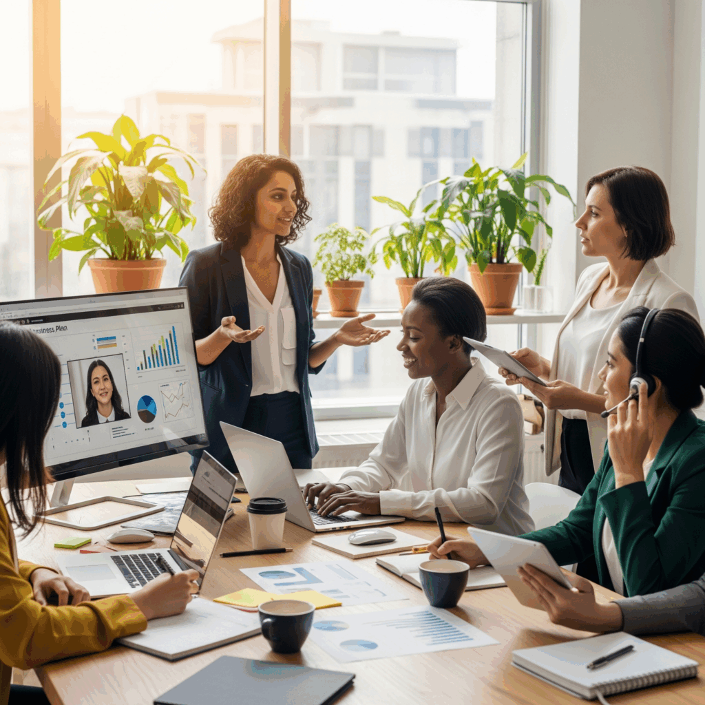 Eine Gruppe von Frauen in einem modernen Büro, die an einer Besprechung teilnehmen und Daten auf einem Bildschirm ansehen. Eine Gruppe von Frauen in einem modernen Büro, die an einer Besprechung teilnehmen und Daten auf einem Bildschirm ansehen.