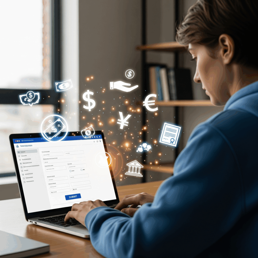 Junge Person, die an einem Laptop arbeitet, umgeben von Finanzsymbolen wie Dollar, Euro und Yen.