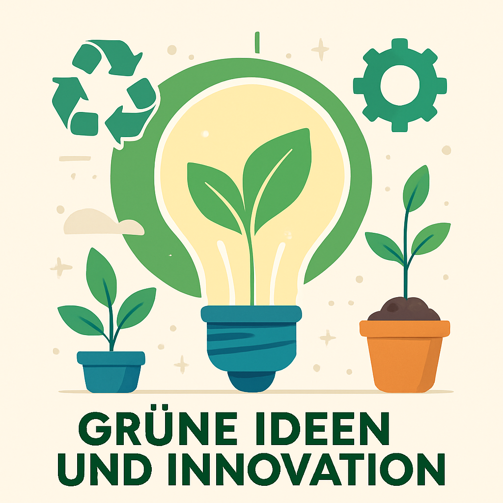 Illustration einer Glühbirne mit Pflanzen und Recycling-Symbolen in einem grafischen Design.
