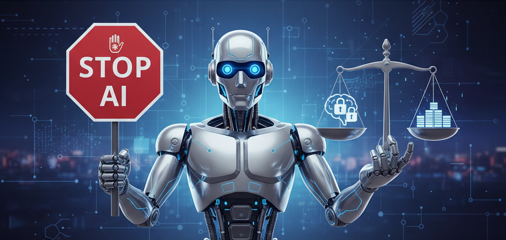 Roboter hält ein Stoppschild mit der Aufschrift 'STOP AI' und eine Waage in der anderen Hand.