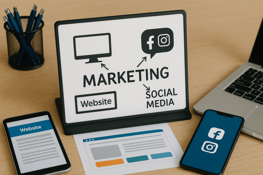 Ein Display mit dem Wort 'Marketing' und Symbolen für Website und soziale Medien auf einem Tisch mit Geräten.