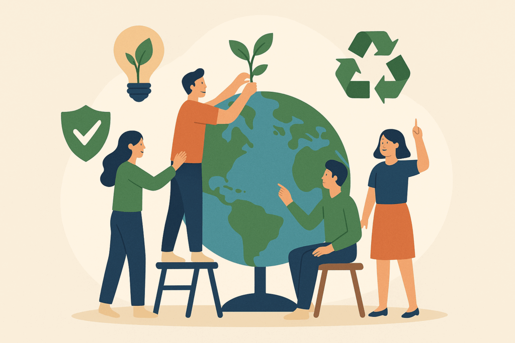 Illustration von Menschen, die gemeinsam an einem Globus arbeiten und Nachhaltigkeitssymbole darstellen.