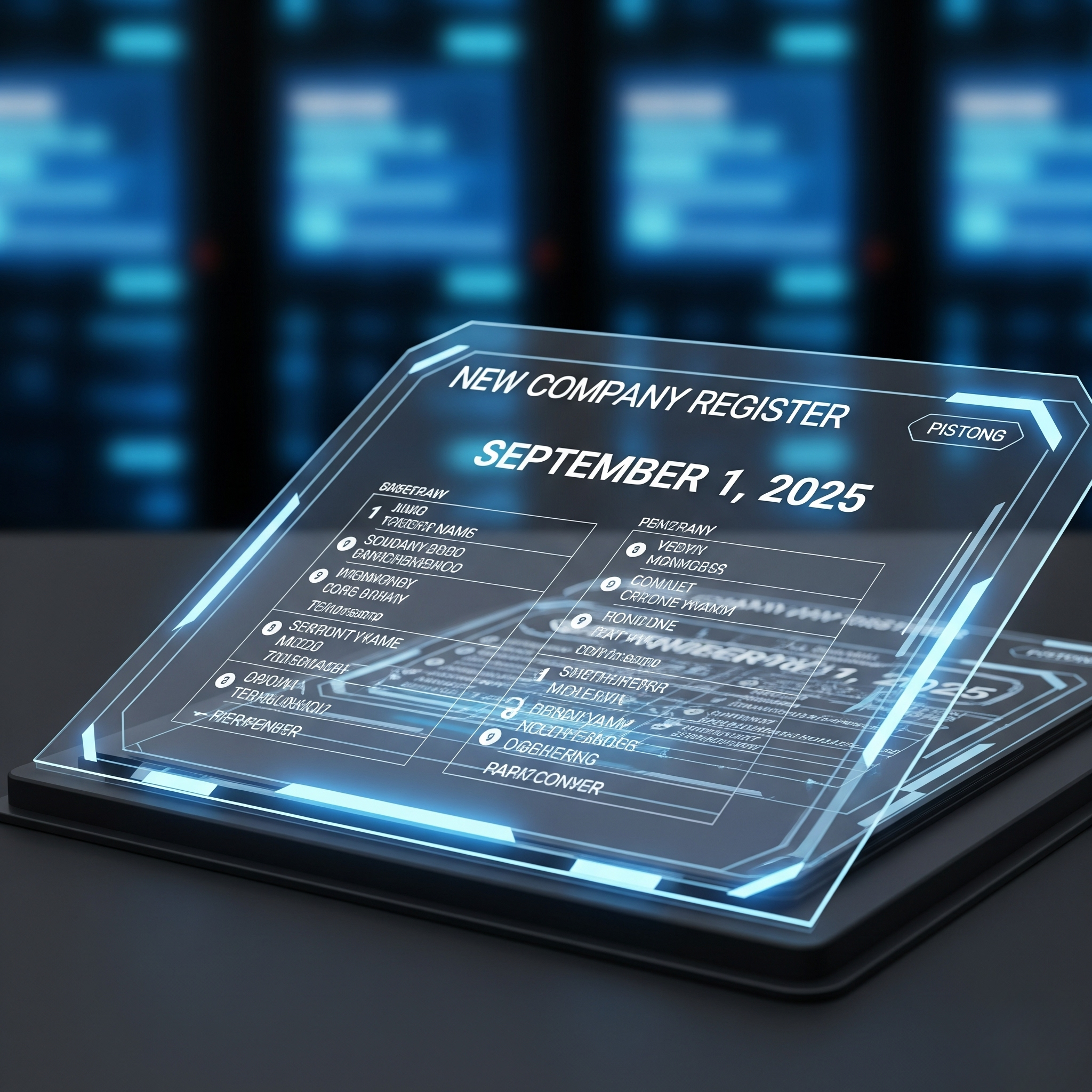 Digitales Firmenregister mit Unternehmensinformationen und Datum vom 1. September 2025.