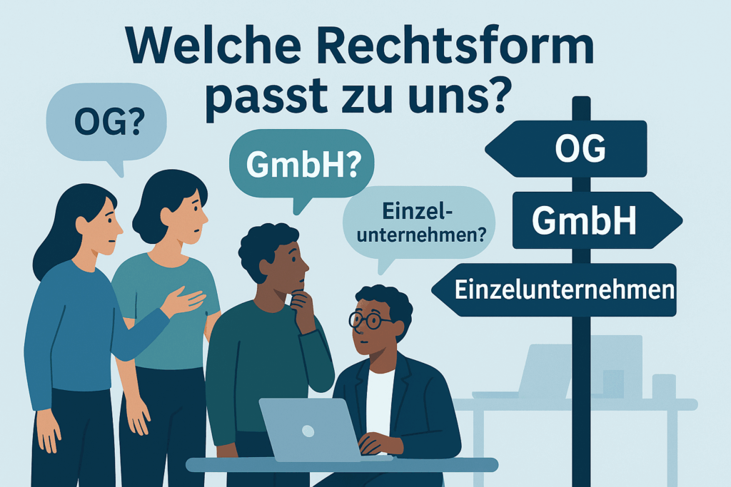 Vier Personen diskutieren über verschiedene Unternehmensrechtsformen wie OG, GmbH und Einzelunternehmen.
