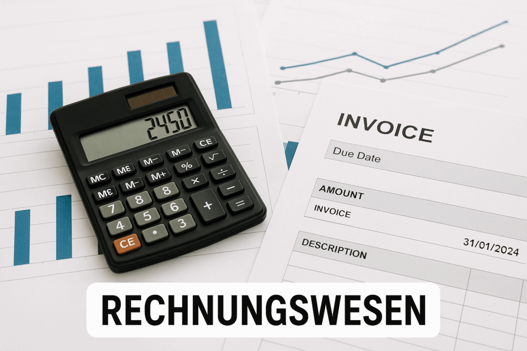 Schwarzer Taschenrechner mit einer Rechnung und Diagrammen auf einem Tisch.