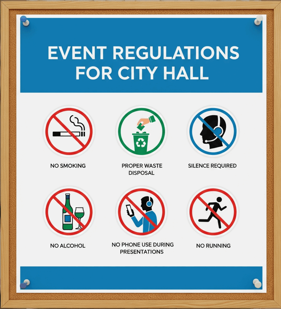 Ein Schild mit Regeln für Veranstaltungen im Rathaus, einschließlich Rauchverbot und Mülltrennung.