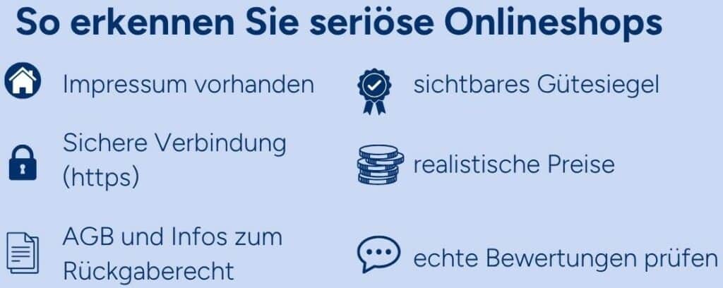 Grafik mit Hinweisen zur Erkennung seriöser Onlineshops, einschließlich Impressum und Gütesiegel. Grafik mit Hinweisen zur Erkennung seriöser Onlineshops, einschließlich Impressum und Gütesiegel.
