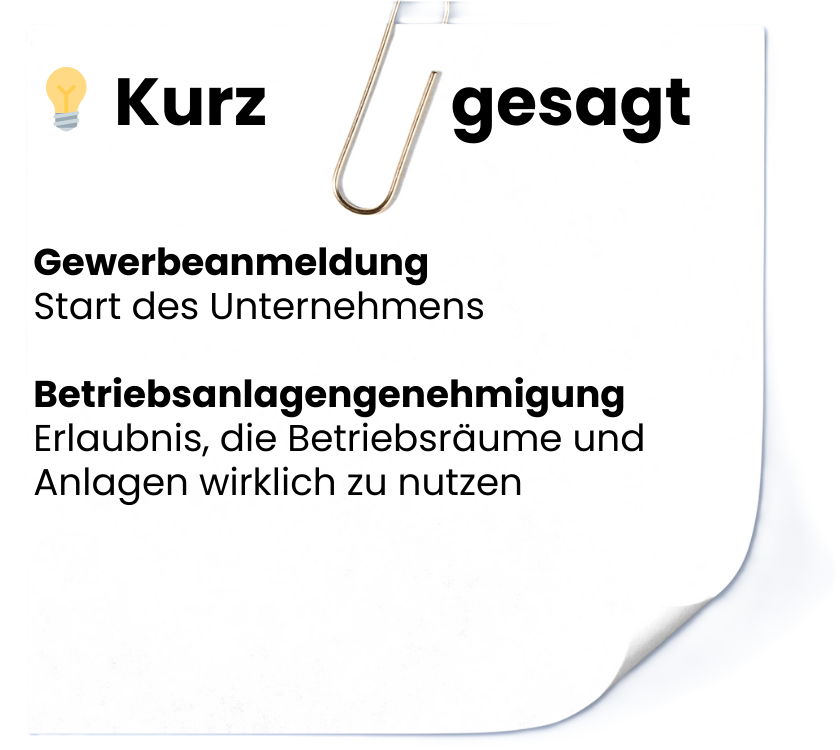 Notizblatt mit Informationen zur Gewerbeanmeldung und Betriebsanlagengenehmigung in deutscher Sprache.