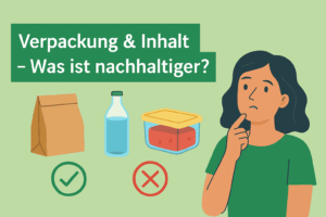 Illustration von verschiedenen Verpackungsarten: Papiertüte, Glasflasche und Kunststoffbehälter mit einer nachdenklichen Person.