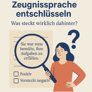 Ein Frau entschlüsselt die Zeugnissprache mit einer Lupe