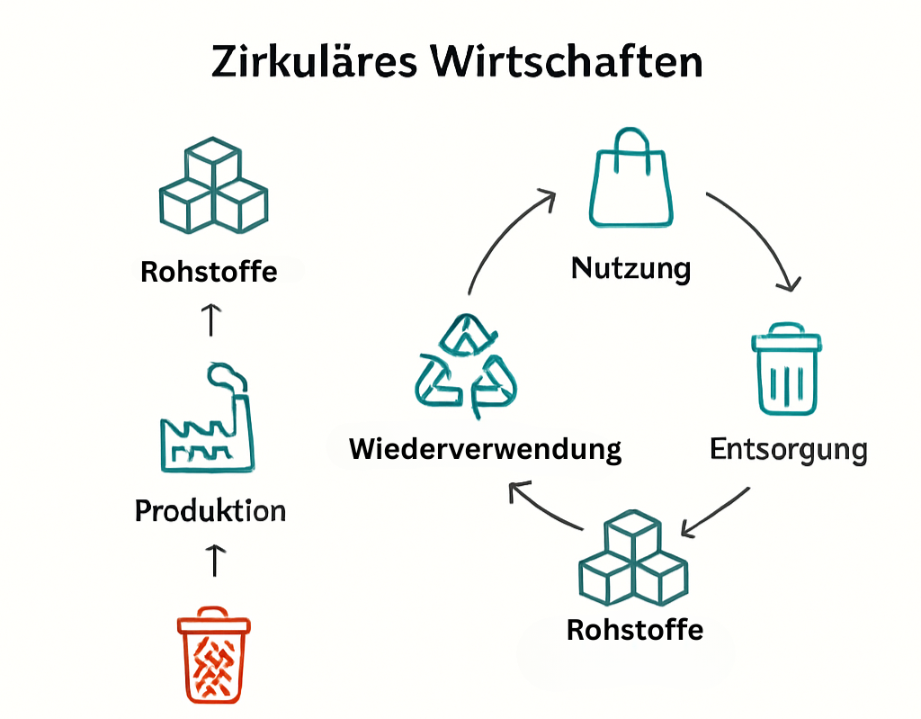 Diagramm zum zirkulären Wirtschaften mit Rohstoffen, Nutzung, Wiederverwendung und Entsorgung.