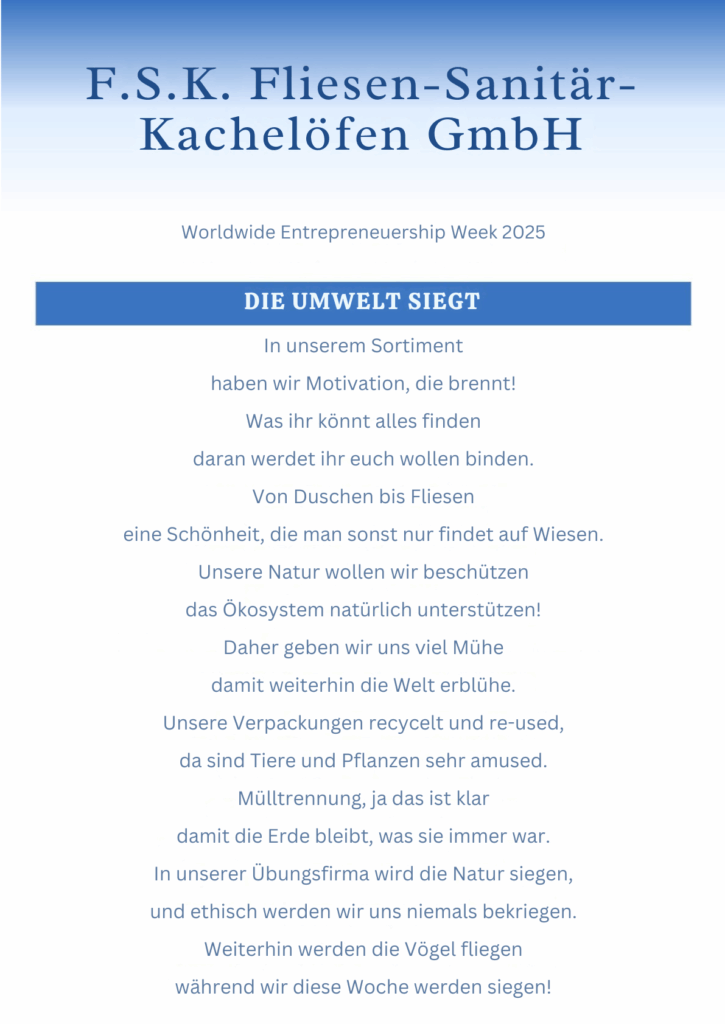 Dokument mit dem Titel 'DIE UMWELT SIEGT' von F.S.K. Fliesen-Sanitär-Kachelöfen GmbH zur Weltweiten Unternehmerwoche 2025.