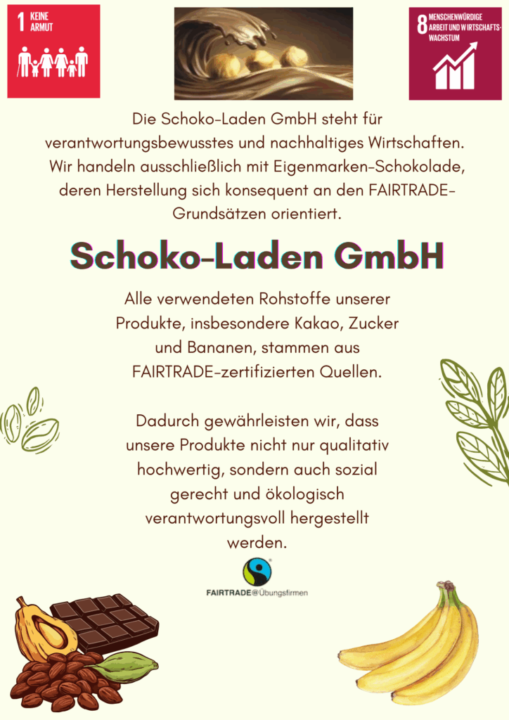 Schoko-Laden GmbH Logo mit Informationen über verantwortungsbewusste und nachhaltige Wirtschaftspraktiken.