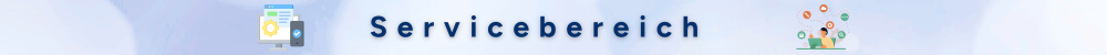 Grafik mit dem Text 'Servicebereich' und Symbolen für digitale Dienstleistungen und Kommunikation.
