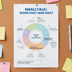Grafik zu Smalltalk-Phasen mit verschiedenen Themenbereichen und Tipps zur Gesprächseröffnung.