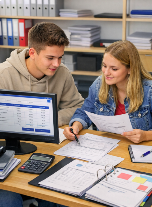 Zwei Jugendliche, die an einem Tisch mit Dokumenten und einem Computer arbeiten, während sie Informationen austauschen.