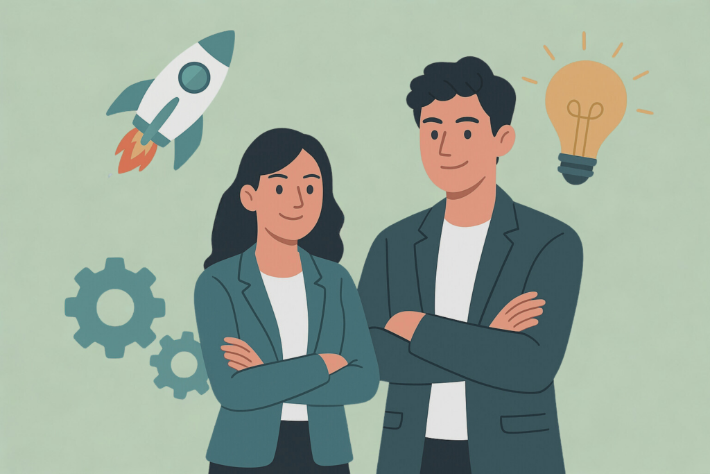 Illustration eines Mannes in einem Blazer mit dem Wort 'STARTUP', einer Rakete, einem Diagramm und einem Glühbirnen-Symbol.