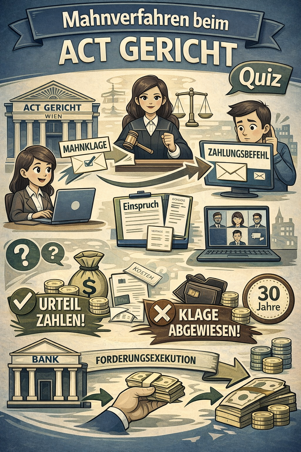 Illustration eines komplexen Rechtsprozesses rund um Mahnverfahren: Gerichtssaal-Atmosphäre, Zustellung von Mahnbescheiden, Zahlungsbefehl, Klageabweisung, Einspurch, Bankgebäude, Münzen und Dokumente in Blau-Beige-Tönen.