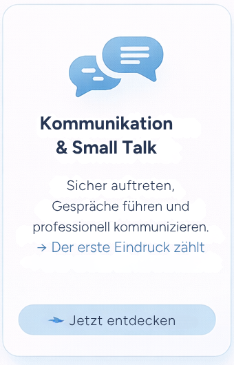 Kommunikation & Small Talk mit blauen Sprechblasen-Icons und dem Text „Sicher auftreten, Gespräche führen und professionell kommunizieren“.