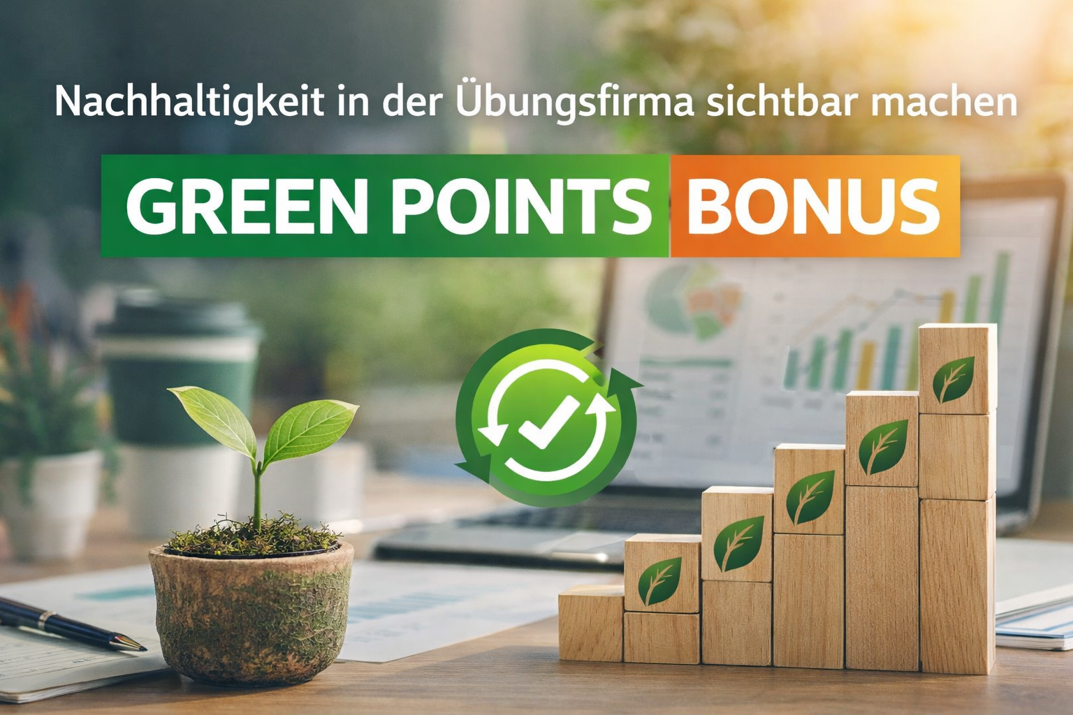 Grünes POINTS-BONUS Banner über einer Büroszene mit Pflanze im Topf, Laptop im Hintergrund und Holzbausteinen mit Blattmotiven.