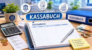 Auf dem Schreibtisch liegt ein blaues Kassabuch mit Belegen, Rechner, Münzen, Bank- und Rechnungswesen-Symbolen sowie Einnahmen und Ausgaben.