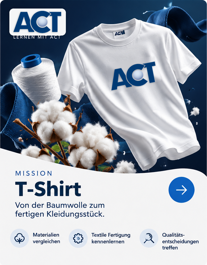 Ein weißes T-Shirt trägt das blaue ACT-Logo; Baumwolle und Garn veranschaulichen den Weg zum fertigen Kleidungsstück.